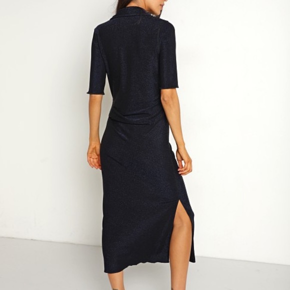 PISTOLA Vita Polo Dress Navy Shimmer Midi Short Sleeve Side Gather, Slits Sz S - Picture 3 of 15